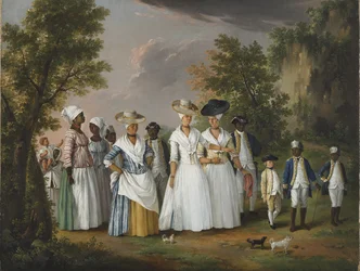 Vrije vrouwen van kleur met hun kinderen en bedienden in een landschap, 1770-1796